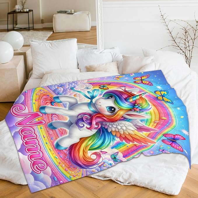 Unicorn Gifts for Girls Women Adults, Personalized Kids Blankets for Birthday Christmas Decor, 80x60 Inches Plush Lightweight Rainbow Unicorn Throws for Bedding Home Room