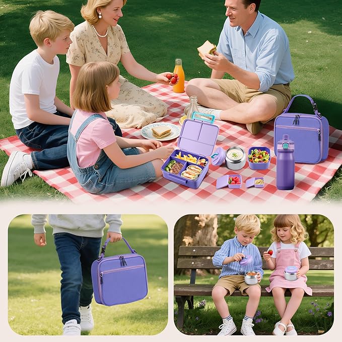 Bento Lunch Box for Kids with Thermos, Leakproof Bento Box with 8oz Insulated Food Jar, Insulated Bottle, Lunch Bag, BPA Free Dishwasher Safe 4 Compartment Container for School Girls Boys (Purple)