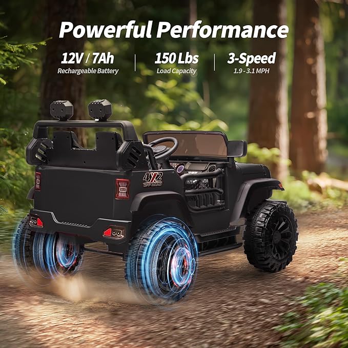 2 Seater Ride on Car Toy, 12V Electric Car for Kids 4-8 with Remote Control, Capacity 150 lb, LED Light - Black