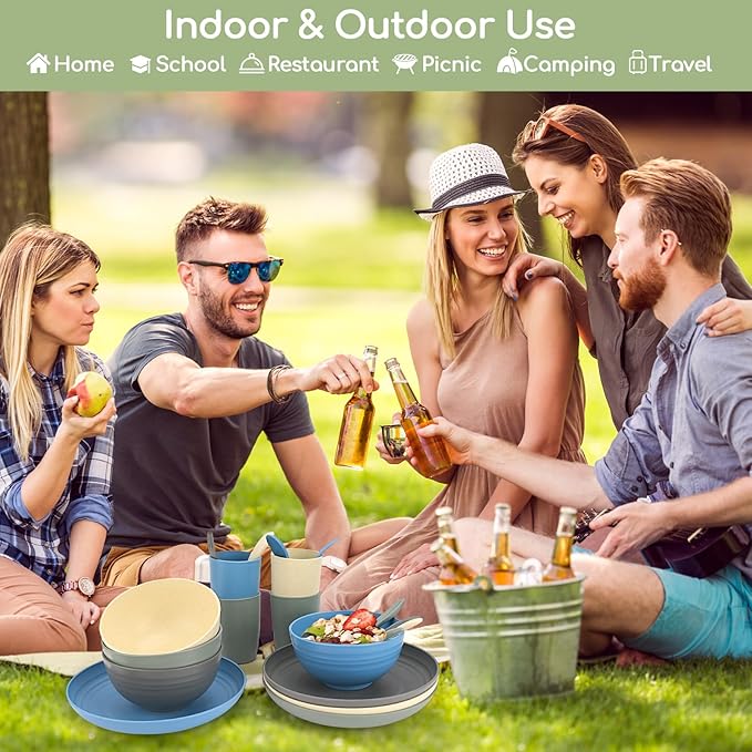 Shopwithgreen Wheat Straw Dinnerware Sets for 4, 20 PCS Unbreakable Plates and Bowls Sets, Reusable Dinner Dishes Set, Bowls, Cups, Plates for Camping, Kitchen, RV, Dorm, Dishwasher Microwave Safe