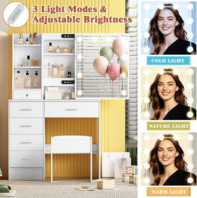 Vanity Desk with Sliding Mirror and Lights, White Vanity Set with Lighted Mirror and Stool, 3-Color Adjustable Brightness Lights, USB Port, Drawers, Makeup Vanity for Bedroom, Girls & Women Gifts