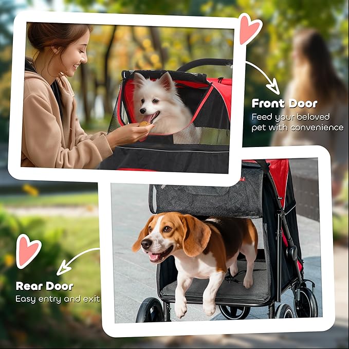 PawHut Dog Stroller for Large Medium Small Dogs up to 66 Lbs. 23.5" in Body Length, One-Click Foldable Pet Cat Stroller with Storage, Shock Absorption Wheels, Mesh Window, Safety Leash, Red