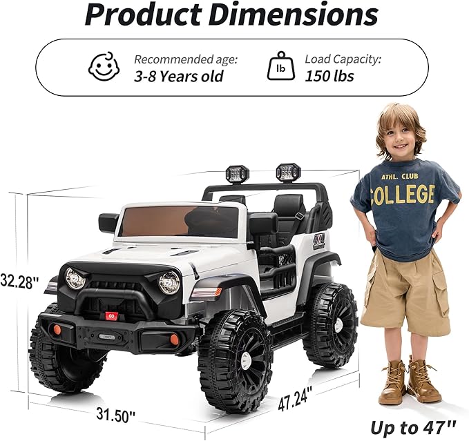 2 Seater Ride on Car Toy, 24V 4WD Electric Car for Kids 4-8 with Remote Control, 4x200W Motors, Capacity 150 lb - White