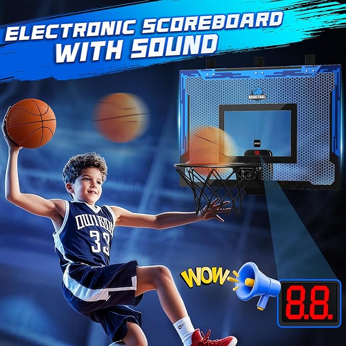 24" x 16" Indoor Large Basketball Hoop Toy - Upgraded Adjustable Height Basketball Hoop Over The Door with Scoreboard/2 Balls, Basketball Toys Christmas Birthday Gifts for Kids & Adults(Blue)