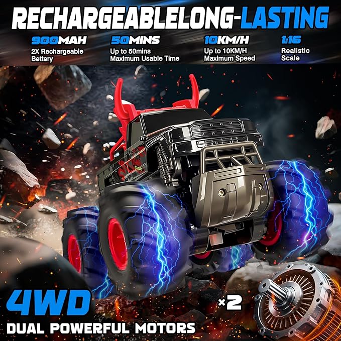 1:16 Waterproof Monster Truck Toys RC Cars, 2.4GHz Remote Control Truck for Kids Boy Ages 8,9,10,11,12 Years Old, 4WD All Terrain Off-Road with LED Lights RC Boat for Boy Girl Birthday Gift - Red