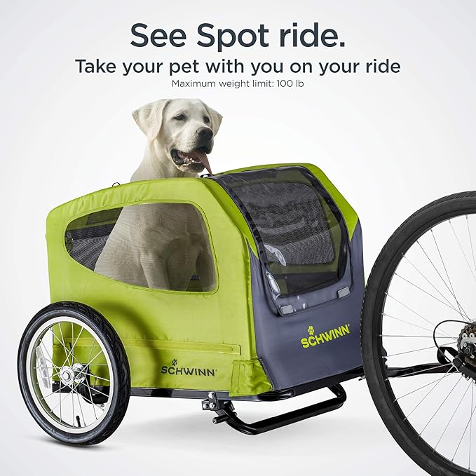 Schwinn Rascal Pet Trailer, Holds Pets Up to 50 or 100 lb, Universal Coupler, Folding Frame, Quick-Release Wheels, Rear Doggy Door, Leash, Washable Liner, Bug Screen, Schwinn Bike Trailer for Pets