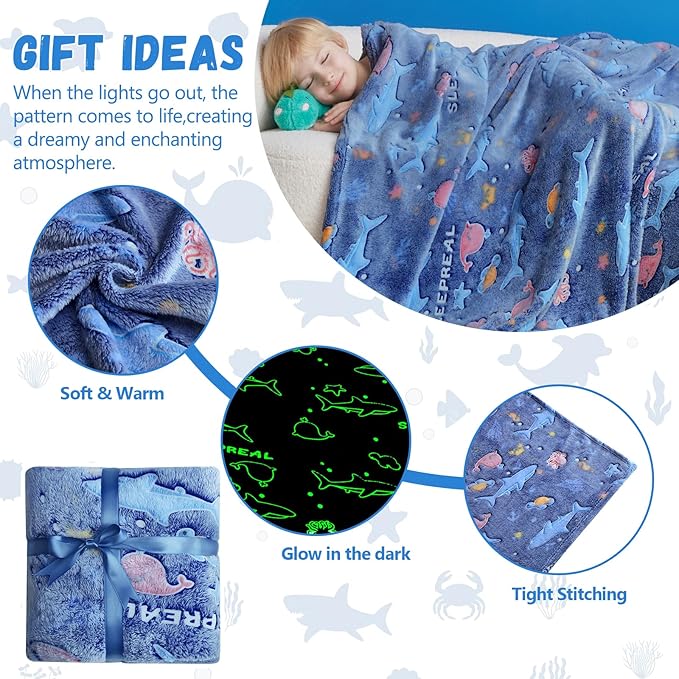 Glow in The Dark Whale Blanket,Ocean Whale Gifts Toys for Boys Girls, Birthday Presents Decor for Kids Age 3-14 Year Old Son Teen Child Toddler Luminous Christmas Bedroom Throw Blanket 50"x60"