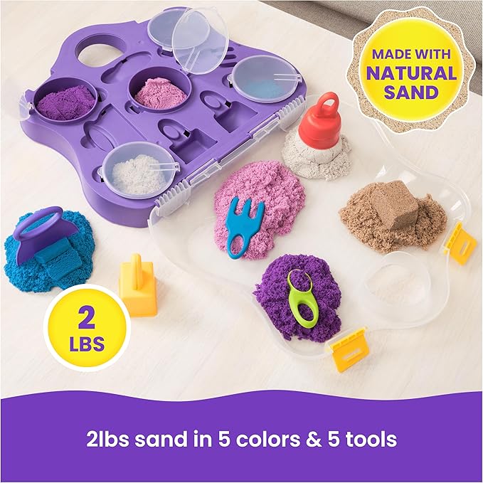 Kinetic Sand, Variety Case with 2lbs Play Sand (Beach, Neon & Shimmer) & 5 Tools, Reusable Storage, Sensory Toys for Kids Ages 3 and up