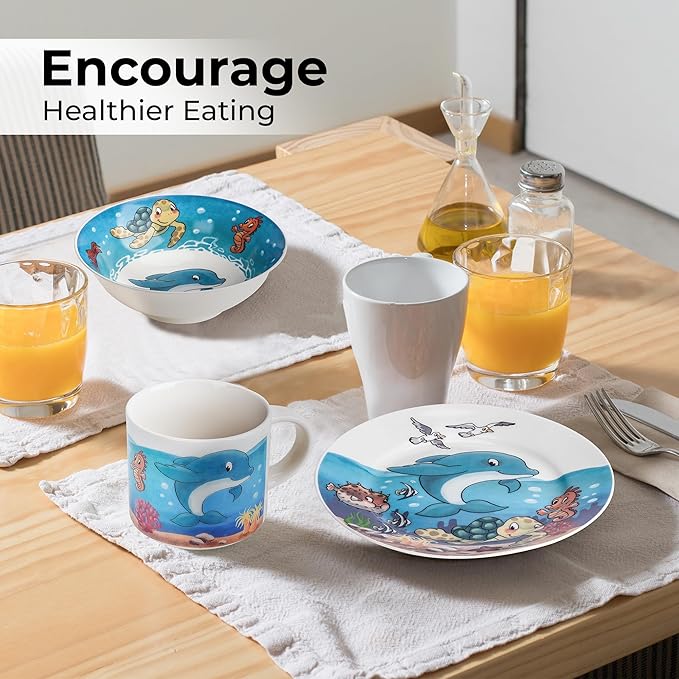 MIAMIO – Set of 3 Kids Dinnerware Set/Porcelain Children Dishes, Kids Dish Set, Children’s Tableware Set - Includes Plate, Bowl and Cup – For Kids and Toddler (Ocean)