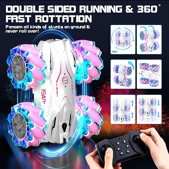 RC Gesture Sensing Stunt Car,2.4GHz 4WD Remote Control Car with Cool Light,Double Sided Rotating Off Road Vehicle 360 Degree Flips Cars for 6-12 Year Old Boys Girls Birthday Presents [Pink]