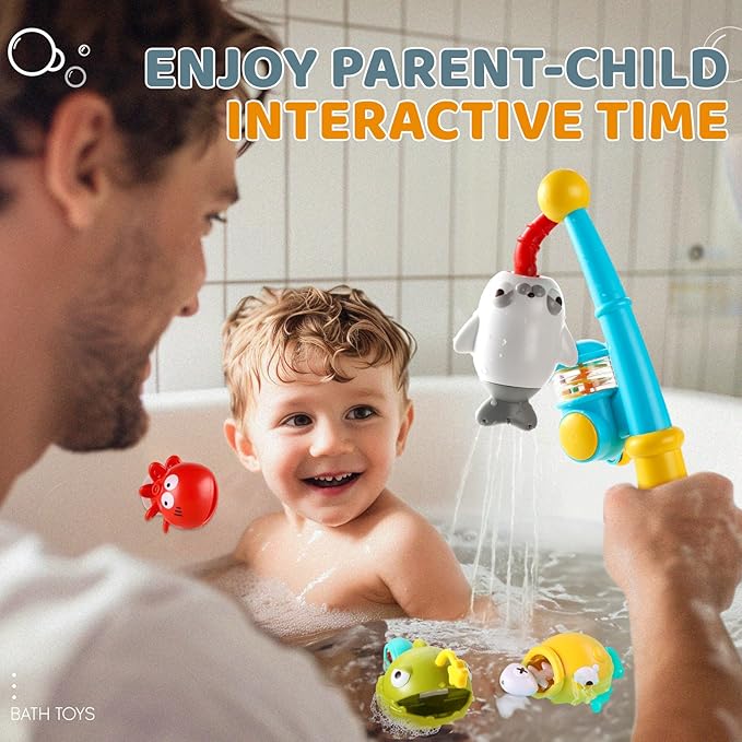 Bath Toys for Kids, Magnetic Fishing Toys with Storage Bag and Light up Star, Wind Up Creatures Baby Bathtub Birthday Gifts for Toddlers 2-4 Boys Girls, 11 Pcs Set