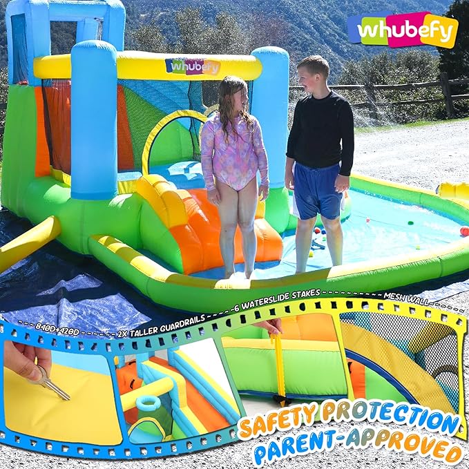 Whubefy Inflatable Water Slide Bounce House for Kids Backyard Blow Up Water Park with Dual Slides & Double Splash Pools, Ring Toss & Water Cannon, Arch & Overhead Sprinkler for Indoor Outdoor Play