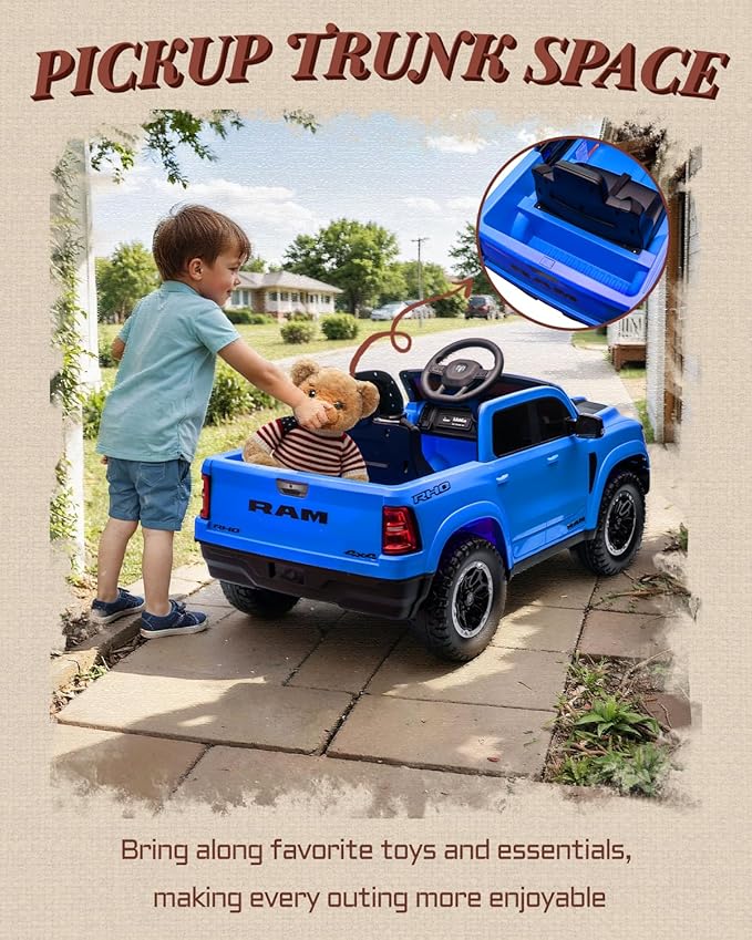 First Ride On 12V Kids Electric Vehicles, Licensed Ram 1500 RHO Kids Ride on Truck with Remote Control, Ride on Car for Children with Smooth Start, Truck Bed Storage, Bluetooth, Aux Port (Blue)