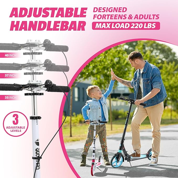 Scooter for Kids Ages 8+ Teens & Adults, Lightweight Kick Scooter with Carry Strap Adjustable Height Equipped with Front handbrake and Rear Brake, Big Sturdy PU Flash Wheels