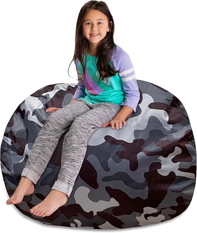 Posh Creations Kids Stuffed Animal Storage Bean Bag Chair Cover - Childrens Toy Organizer, X-Large-48in, Nylon Camo Dark and Black Gray