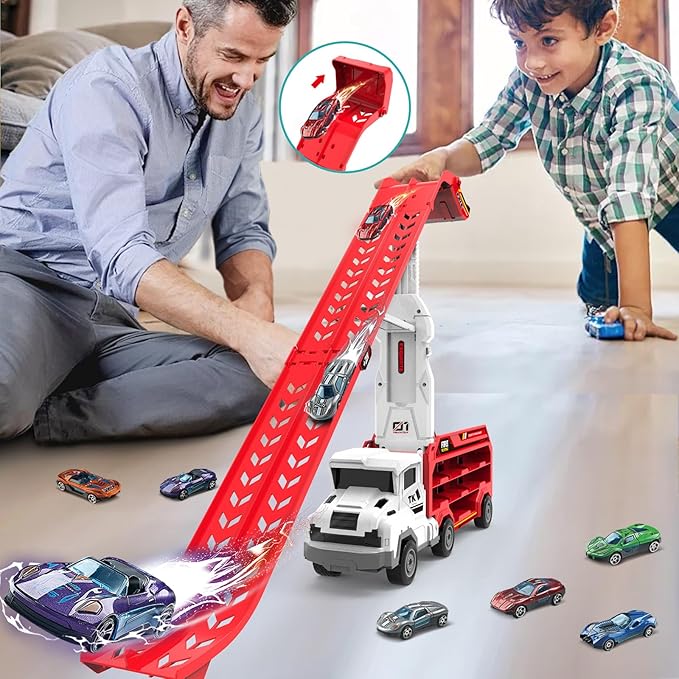 Toddler Car Truck Toys,Car Carrier Trucks Toy for Kids Age 3-5 4-8,Foldable Car Track Sets with 2.8-Ft Race Track and 6 Die-Cast Race Cars, Truck Toys Gifts for 3 4 5 6 7 8+ Year Old Boys Girls(Red)