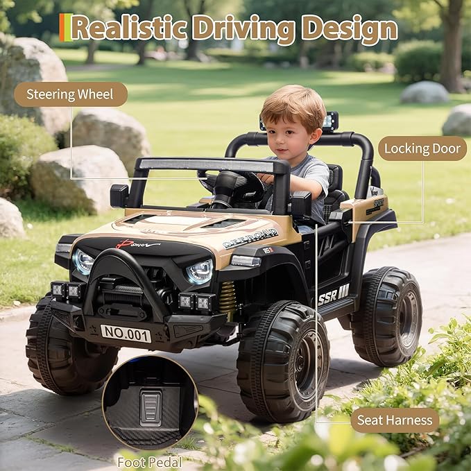 12V Ride On Car for Kids, Ride On Toy w/Parent Remote, Spring Suspension, Bluetooth, Music & Horn, LED Light, 4.1MPH Max Speed, 3 Speeds, Electric Car for Kids Toddlers Age 3-8, Khaki
