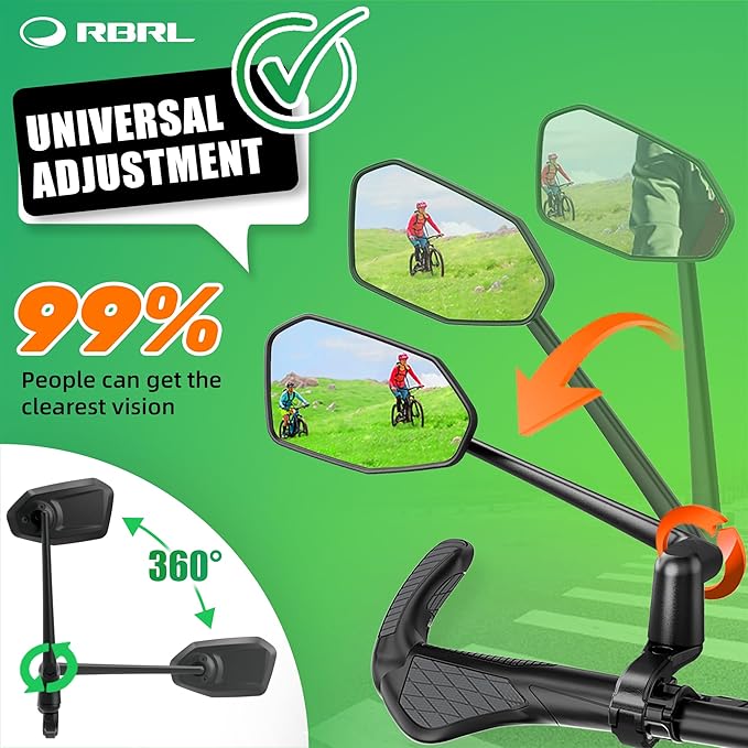 RBRL Bicycle Mirror, Aluminum Alloy Bike Mirror Handlebar Mount, Anti-shake & Break-proof, Foldable HD Real Glass Rotatable Ebike Accessories, Bike Rear View Mirror for Ebike Scooter (Left)