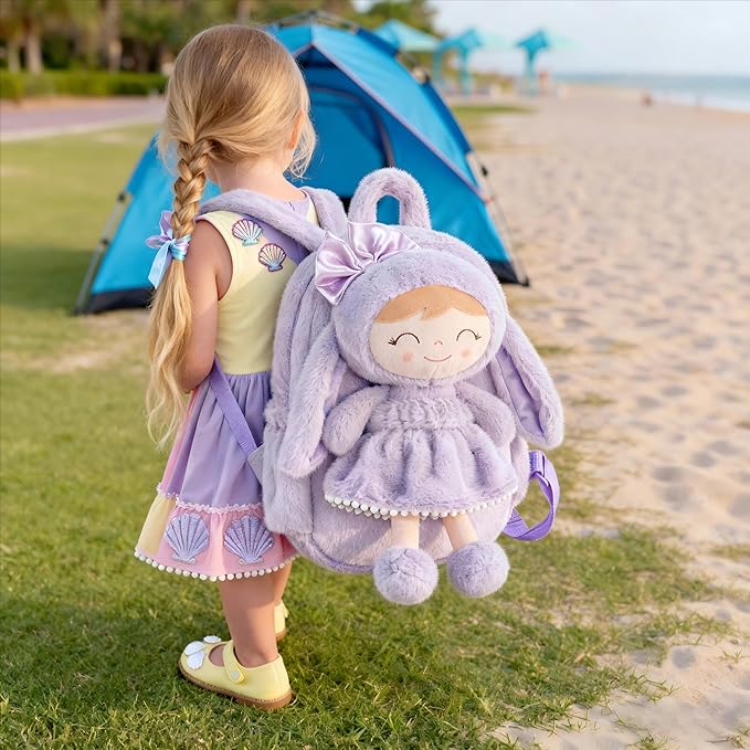 Gloveleya Back to School Gifts for Girls Bunny Toddler Backpack Plush Bag Baby Gift for Girl 2+ Years Old with Detachable Purple Rabbit Doll