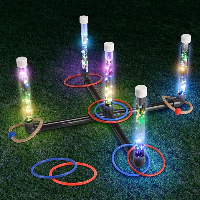 Outdoor Games for Kids 3-12: FunforFun! LED Ring Toss Game with 18 Rings Boys Girls Toys Age 5 6 7 8 9 Yard Games for Family Outside Toys for 10 11 12 13 14 Years Old Boys Gifts for Kid Age 8-12