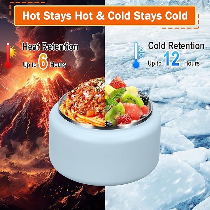 13.5oz Kids Jar for Hot Food, Insulated Vacuum Food Jar with Buckle Lid, Stainless Steel Wide Mouth Leak Proof Insulated Lunch Container for School Picnic Travel, Blue