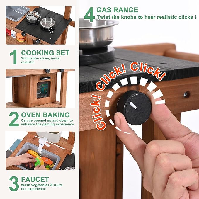 OLLIKIVI Mud Kitchen for Kids Outdoor, Wooden Play Kitchen with Removable Sink, Faucet, Storage Shelves, Backyard Garden Toddler Kitchen Playest, Kitchenware, Stove, Gift for Boys and Girls