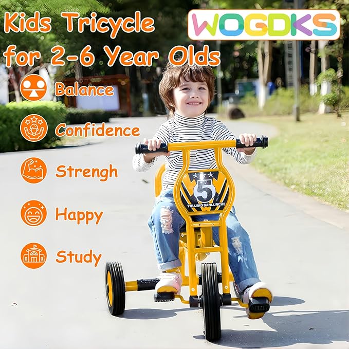 Big Wheel Tricycle for Kids Ages 2-6, Preschool Kids Trike Outdoor Playground Pedal Bike with Adjustable Seat, Inflation-Free Rubber Wheels and Carbon Steel Frame