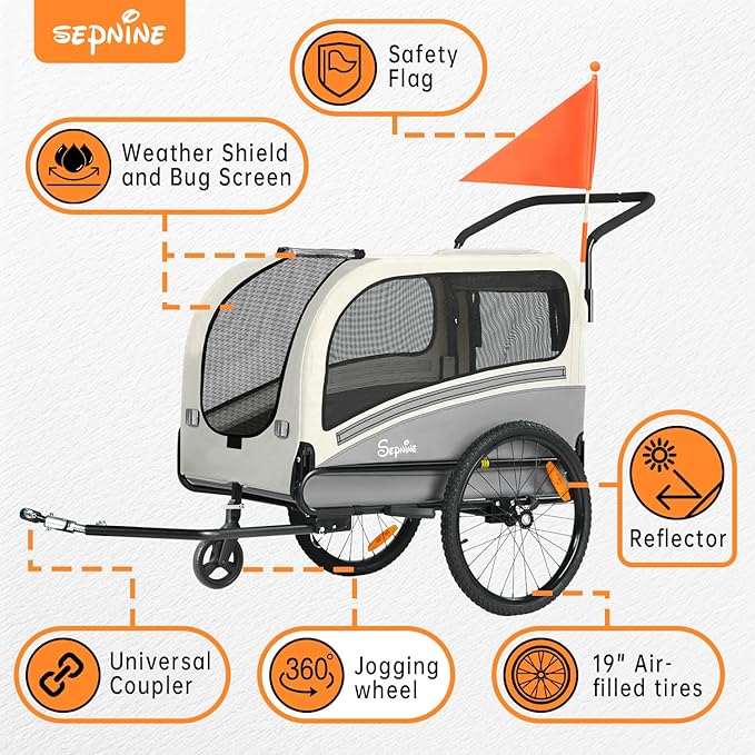 Sepnine Dog Bike Trailer, Supports up to 88 lbs, 2-in-1 Pet Stroller Cart Bicycle Carrier, Easy Folding Cart Frame with Quick Release Wheels, Universal Bicycle Coupler, Non-Slip Floor, Internal Leash
