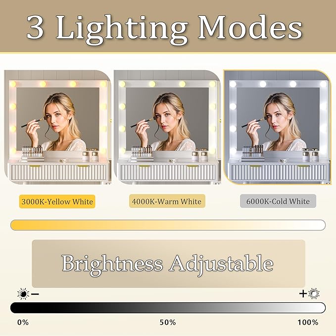 45” Fluted Makeup Vanity Desk with Mirror and Lights, Glass Top Dressing Table with 5 Drawers, LED Lighted Adjustable Cabinet, Trays & Charging Station for Bedroom Dressing Room