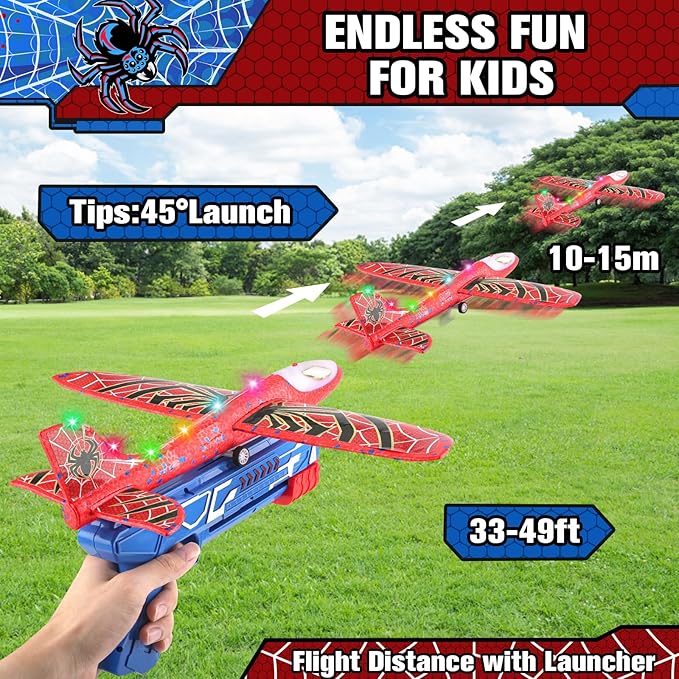 Fuwidvia 3 Pack Airplane Launcher Toys, 13.2'' Spider LED Foam Glider Catapult Plane Toy for Boys, 2 Flight Modes Outdoor Flying Toys Birthday Gifts for Boys Girls 4 5 6 7 8 9 10 11 12 Year Old