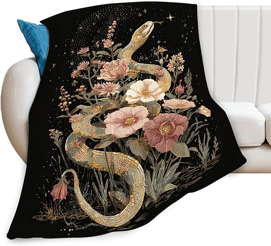 Golden Snake Blanket Fantasy Floral Reptiles Throw Blankets Gifts for Girls Boys Kids Snake Lover Soft Cozy Fleece Plush for Couch Sofa Bed 60"x50"