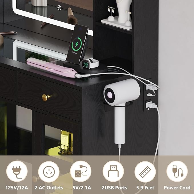 Vanity Desk with Mirror and Lights, White Makeup Vanity with Glass Top & Drawers, 3 Lighting Modes, Power Outlet, RGB Glass Cabinets, Modern Dressing Table for Girls, Women, Teens