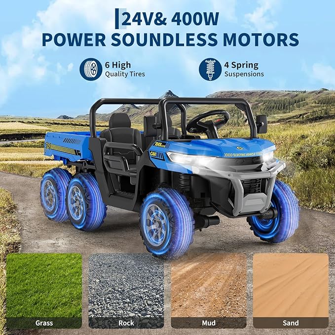 24V 2 Seater Ride On Dump Truck for Big Kids - Electric Ride On Car with Auto-Lifting Bed, 4x75W Motors, Parent Remote Control & 6 Wheels - 110 LBS Capacity, 5 MPH Kids Truck Toy (Blue)