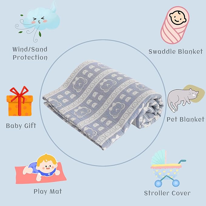 NTBAY 3 Layer Oversized Muslin Cotton Toddler Blanket, Jacquard Reversible Nursery Bed Blanket, Super Soft and Thermal for All Seasons, Baby Gift, 45"x60", Blue Bear