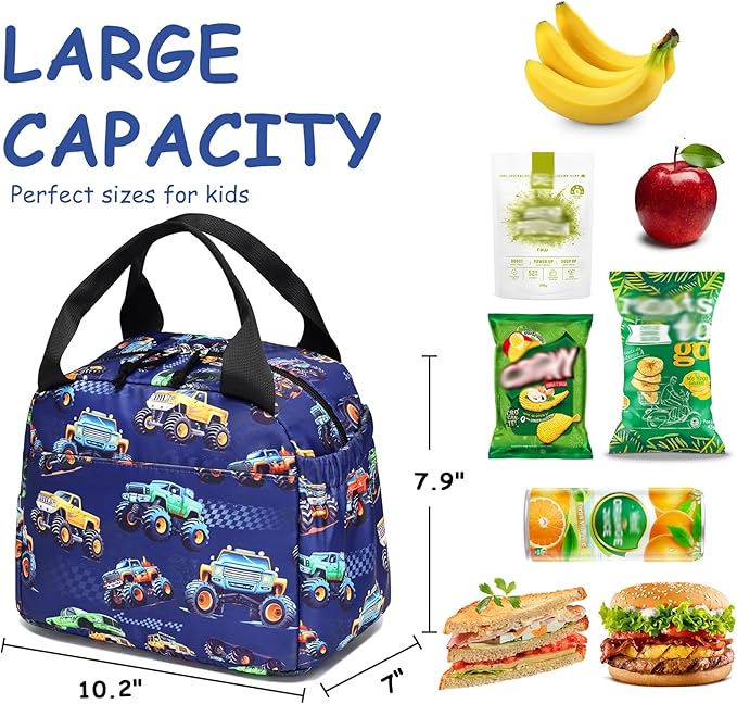 Lunch Box Kids Insulated Lunch Bag Large Reusable Leakproof Cooler Lunch Bags for Boys Girls School Travel Picnic (Navy-Vehicle)