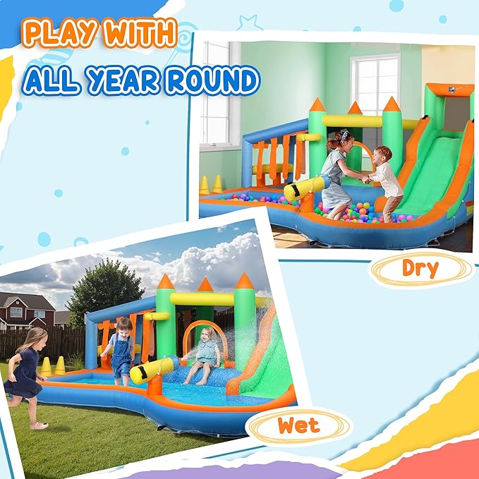 Qaba Inflatable Water Slide with Large Splash Pool, 8 in 1 Bouncy House Water Park with 680W High Power Blower, Ball Pit, Water Cannon, Climbing Wall, Toss Ring, Basketball Hoop