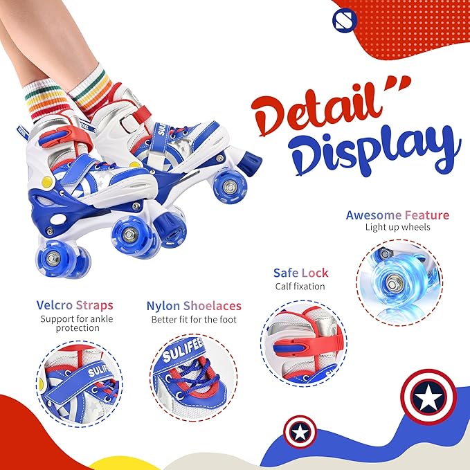 SULIFEEL Rainbow Unicorn 4 Size Adjustable Light up Roller Skates for Girls Boys for Kids