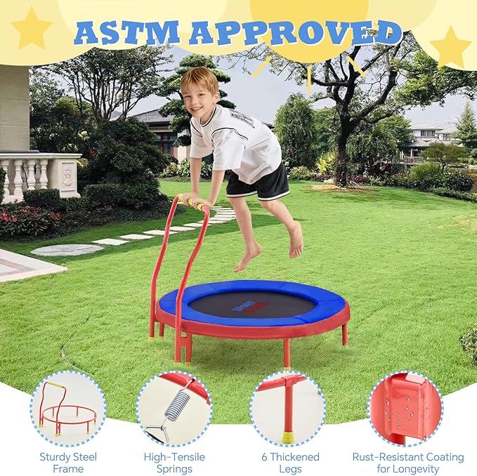 Mini Trampoline for Kids 3-6 with Super Safe Foam Handle Bar, 3ft Toddler Trampoline Indoor with No-Gap Cover for Indoor and Outdoor