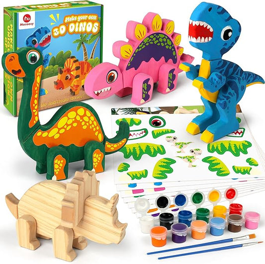 Mocoosy Wooden Dinosaur Painting Art and Craft Kit for Kids 3-5, Build & Decorate Your Own Dinos with Paint and Stickers, Wood Dinosaur T-Rex STEM Game Montessoi Toys Educational Gift for Boys Girls