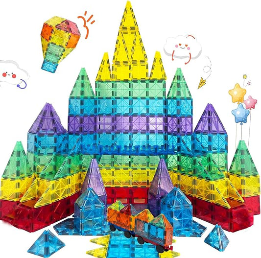 Magnetic Tiles 120PCS Kids Games Toy Building Blocks STEM Classroom Educational Learning Sensory Montessori Magnet Toys for Toddler Boys Girls 3+ Year Old with 2 Cars