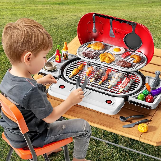 Kids BBQ Grill Playset for Kids Ages 4-8, Play Kitchen Toys with Smoke & Light for Boys Ages 3 4 5 6 7, 2-Layer Barbecue Toys Play Food Set, Indoor Outdoor Cooking Toy for Boys Girls 3-5