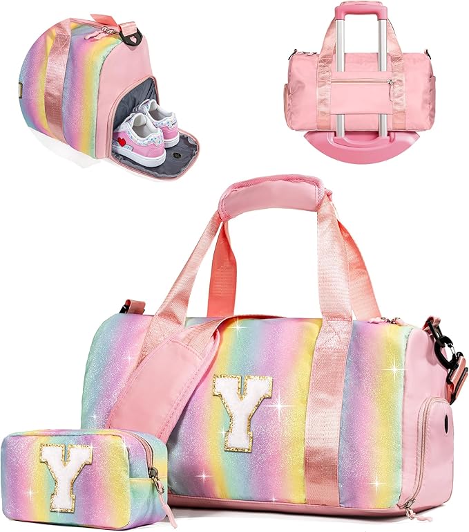 Christmas Gifts for Kids-Girl Gym Bag with Shoe Compartment, Kid Personalized Weekender Overnight Bags, Initial Travel Tote with Makeup Pouch, Graduation Gift for Girls (Letter Y)
