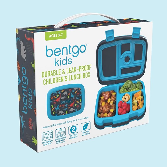 Bentgo Kids Prints Leak-Proof, 5-Compartment Bento-Style Kids Lunch Box - Ideal Portion Sizes for Ages 3-7, Durable, Drop-Proof, Dishwasher Safe, & PFAS & BPA-Free Materials (Dinosaur)