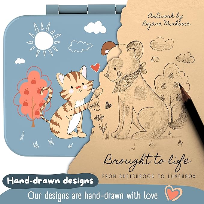 BEARFOOT Kids Lunch Box with Compartments – Compact & Lightweight | Leak-Proof, BPA-Free, Dishwasher & Microwave Safe | Hand-Drawn Design for Preschool, School, Travel (Dog & Cat Blue, 4 Cups)