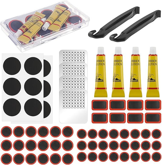 Tallew 72 Pcs Bike Tire Repair Kit with 50 Pcs Vulcanizing Patches, 12 Pcs Pre Glued Patches, 4 Pcs Vulcanizing Fluid, 4 Pcs Metal Rasp and 2 Pcs Plastic Levers for Cycling Motorcycle Bicycle