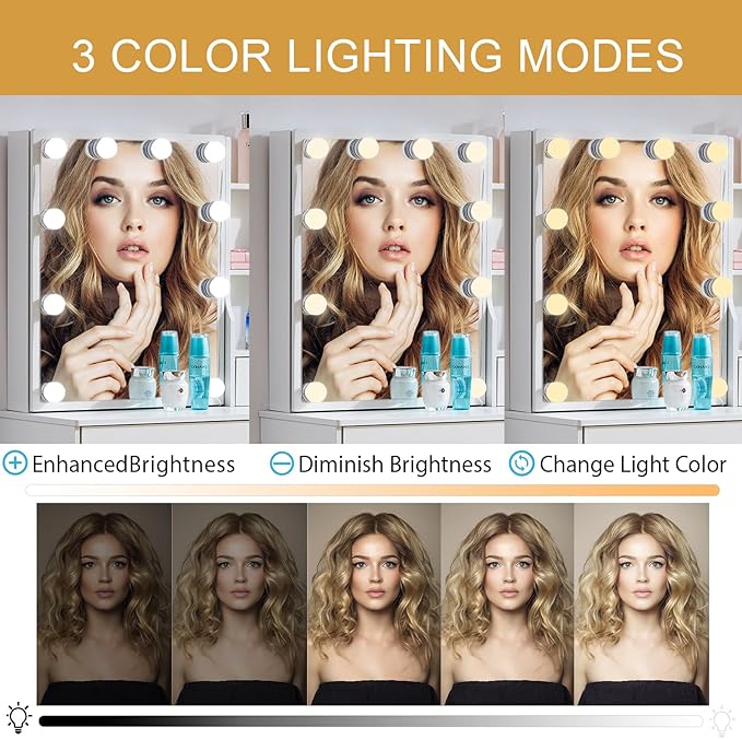 Small Vanity Desk with Mirror and Lights, Makeup Vanity Set with Stool and Drawers, 3-Color Lighted Mirror, Adjustable Brightness, Modern White Vanity Table for Bedroom, Gifts for Girls & Women