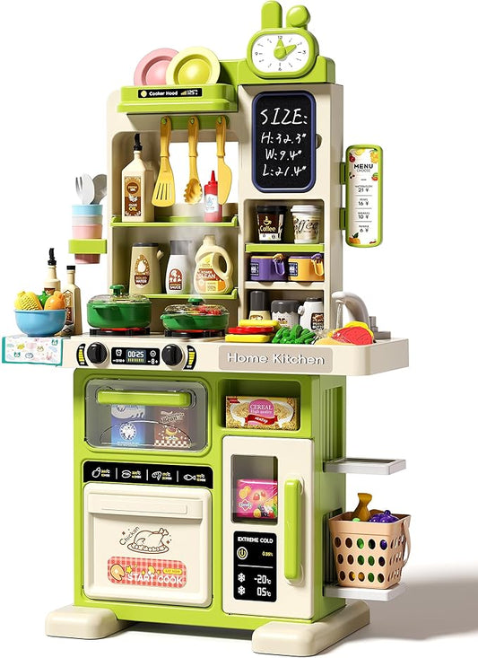 33.8IN Kids Kitchen Playset, 63PCS Kid Play Kitchen with Realistic Lights & Sounds, Spray Sink Toy Kitchen Accessories, Pretend Food Toys Kitchen for Boys Girls Toddlers(Green)