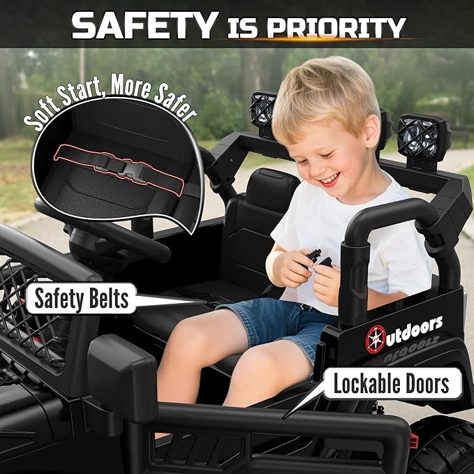 2 Seater Ride On Car for Kids, EVA Tires, 24V 4WD Electric Car w/Remote Control, Bluetooth, LED Lights, Ride On Truck for Boys and Girls Aged 3-8, Black