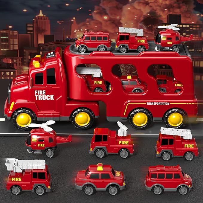 7 in 1 Fire Trucks Cars Toys for Toddlers 3-5, Boy Toddler Car Truck Toys with Light Sound, Birthday Gifts Toys for 3 4 5 6 Year Old Boy