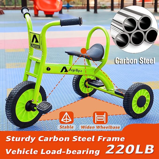 Kids Tricycle for Preschool Ages 3+, Ideal Outdoor Playground & Daycare Yard Trikes, Durable Metal Pedal Trike Gift for Boys and Girls, Sturdy Carbon Steel Frame, Inflation-Free Rubber Wheels